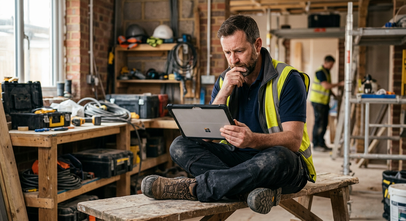 A tradesperson happily taking a call from a customer, showcasing positive customer interaction.