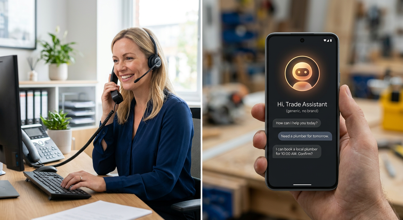 Split screen image. On one side, a friendly human receptionist smiling and talking on the phone. On the other side, a sl