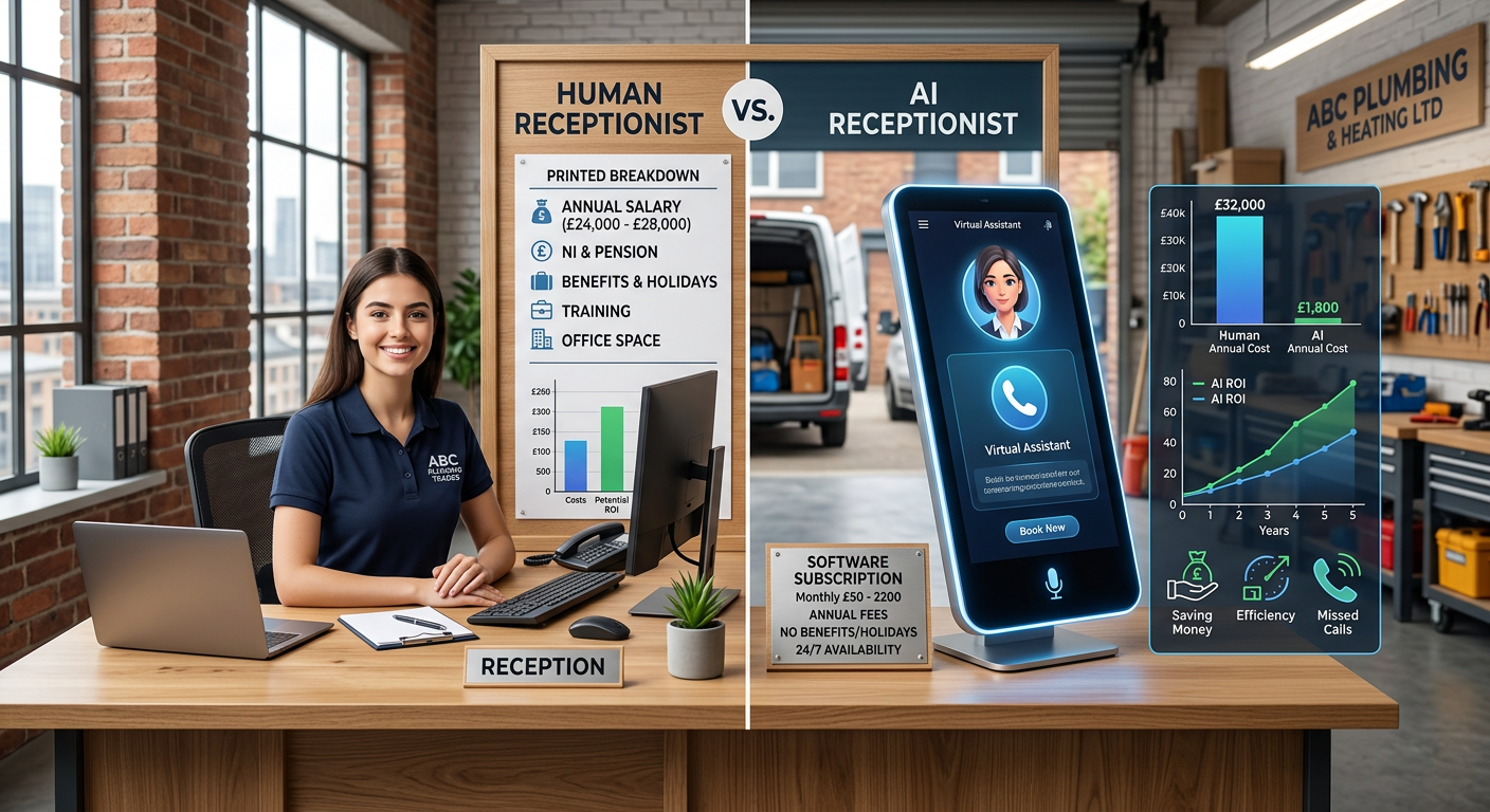 Infographic comparing the costs of a human receptionist vs. an AI receptionist for a small trades business in the UK, sh