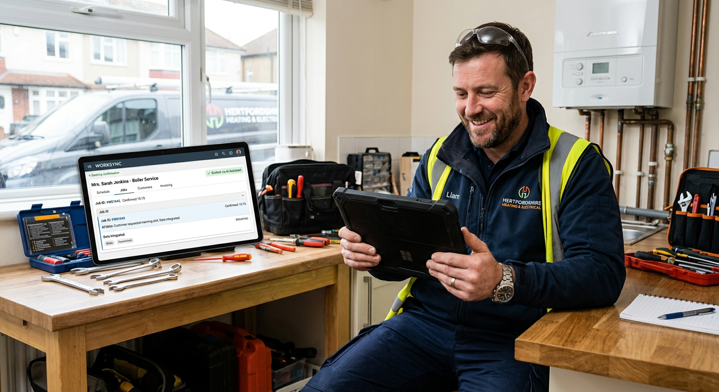 A tradesperson using a job management app on their tablet, illustrating how an AI receptionist can integrate with schedu