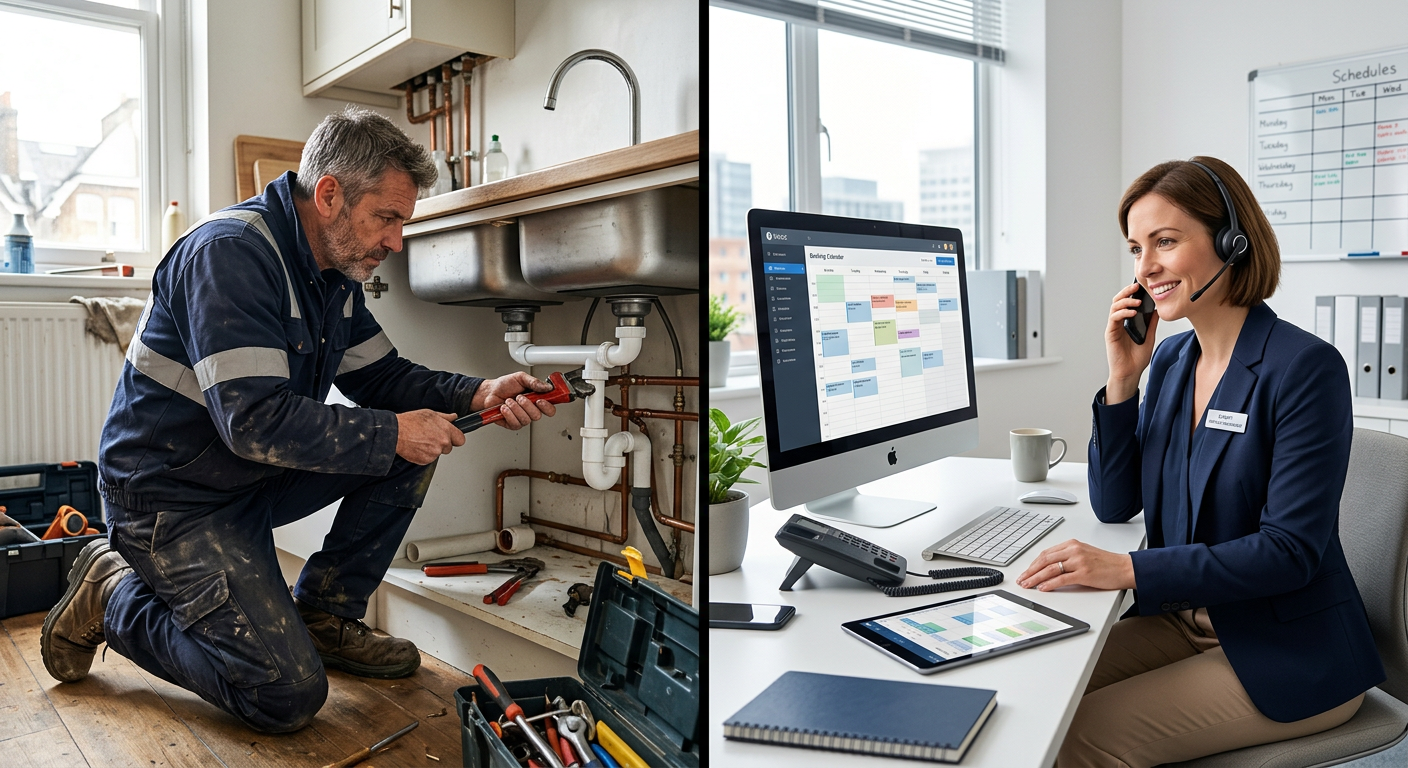 A split screen showing a busy tradesperson on-site (e.g., plumber fixing a pipe) on one side, and a calm, organised rece