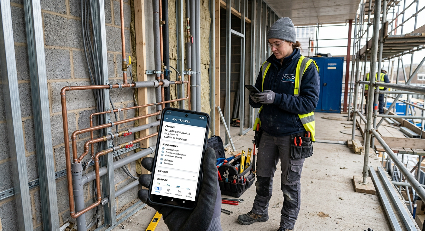 A sole trader plumber using a mobile app on a construction site, with a partially installed pipe system in the backgroun