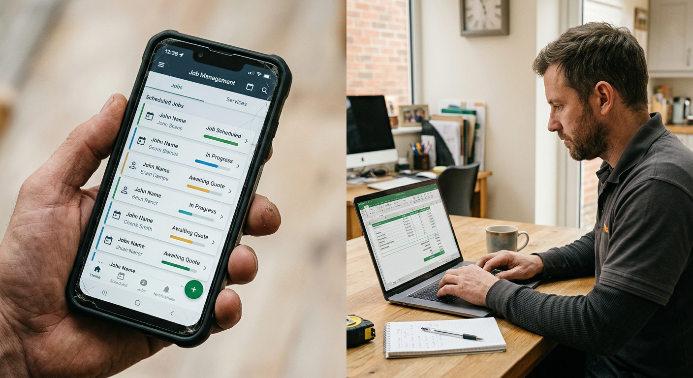 A split-screen showing the interface of a job management app on a phone, alongside a tradesperson working on a quote on