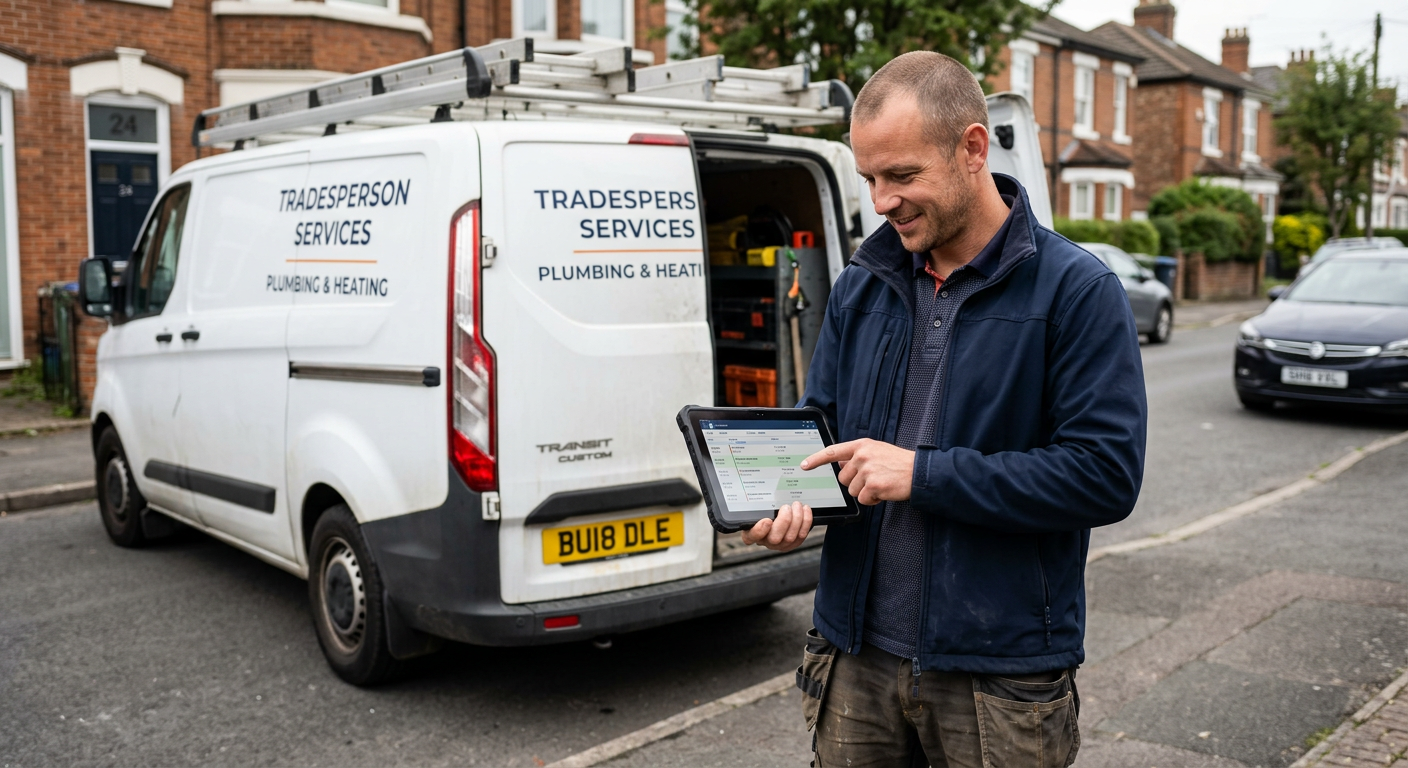 A tradesperson reviewing their schedule on a tablet device, with a van visible in the background.