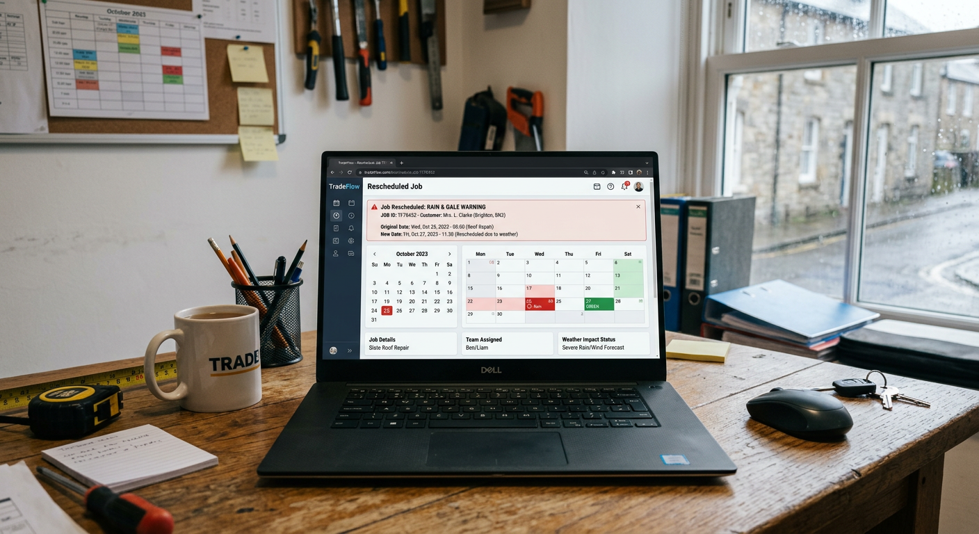 Screenshot of TradeFlow job management software showing a rescheduled appointment due to weather.