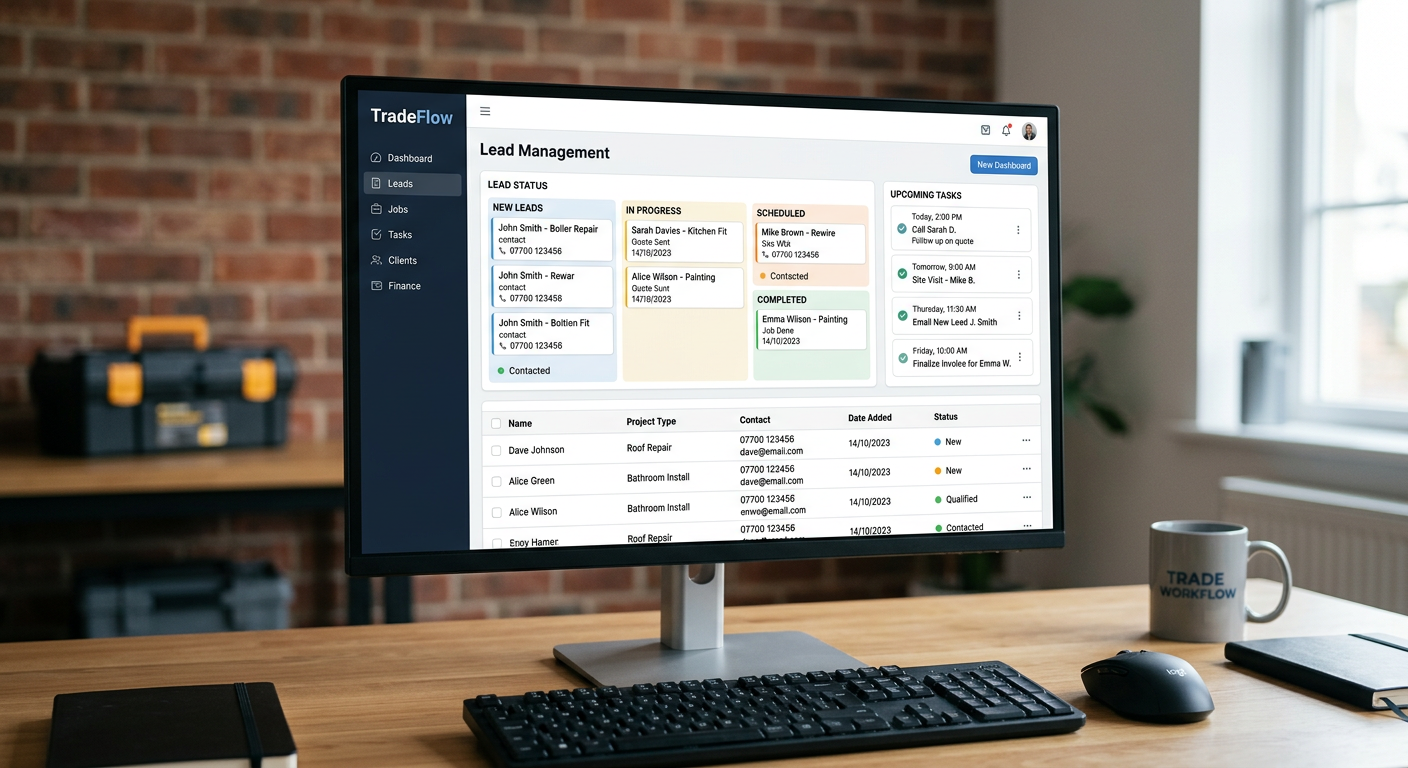 A screenshot of TradeFlow software displaying a well-organised lead management dashboard, showing lead status, contact i