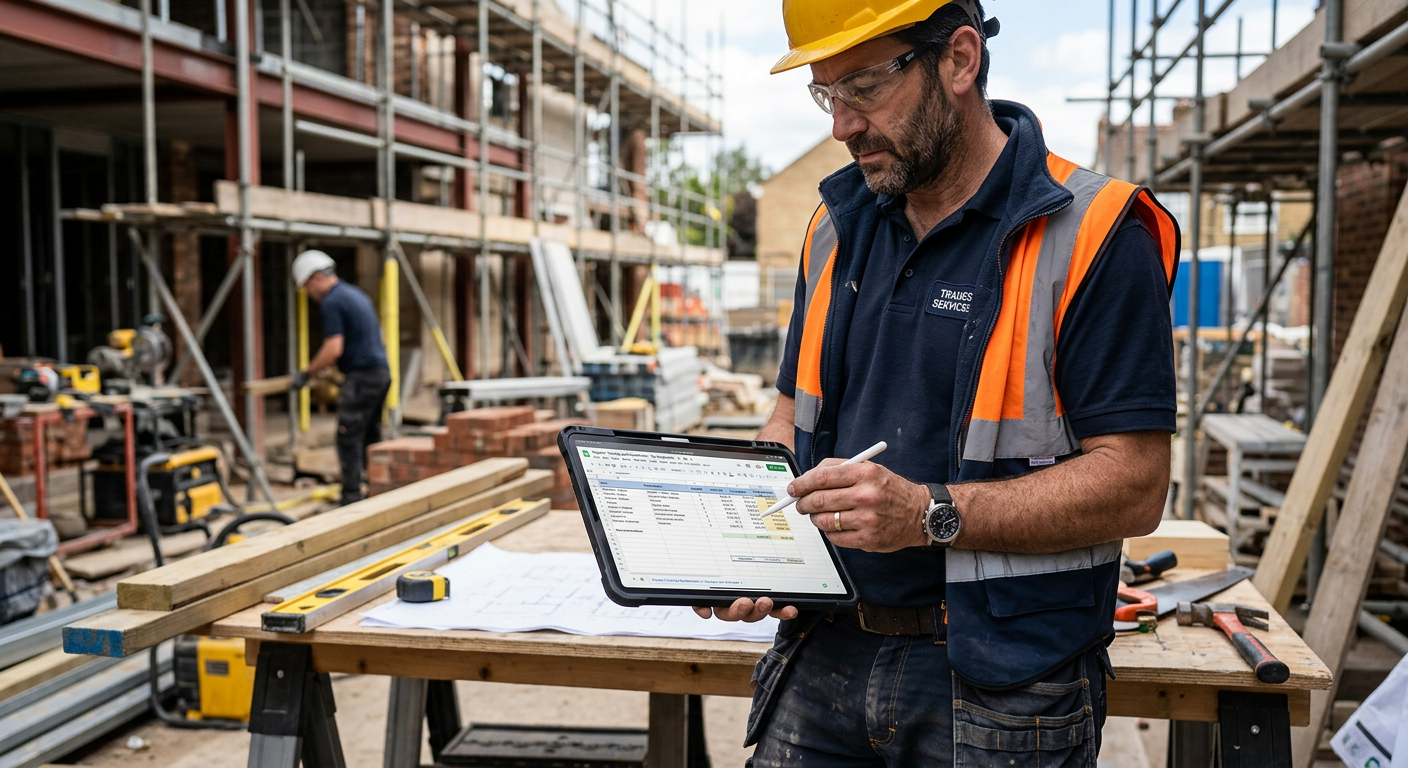 A tradesperson using a tablet on a building site, with a cost estimating spreadsheet visible on the screen.