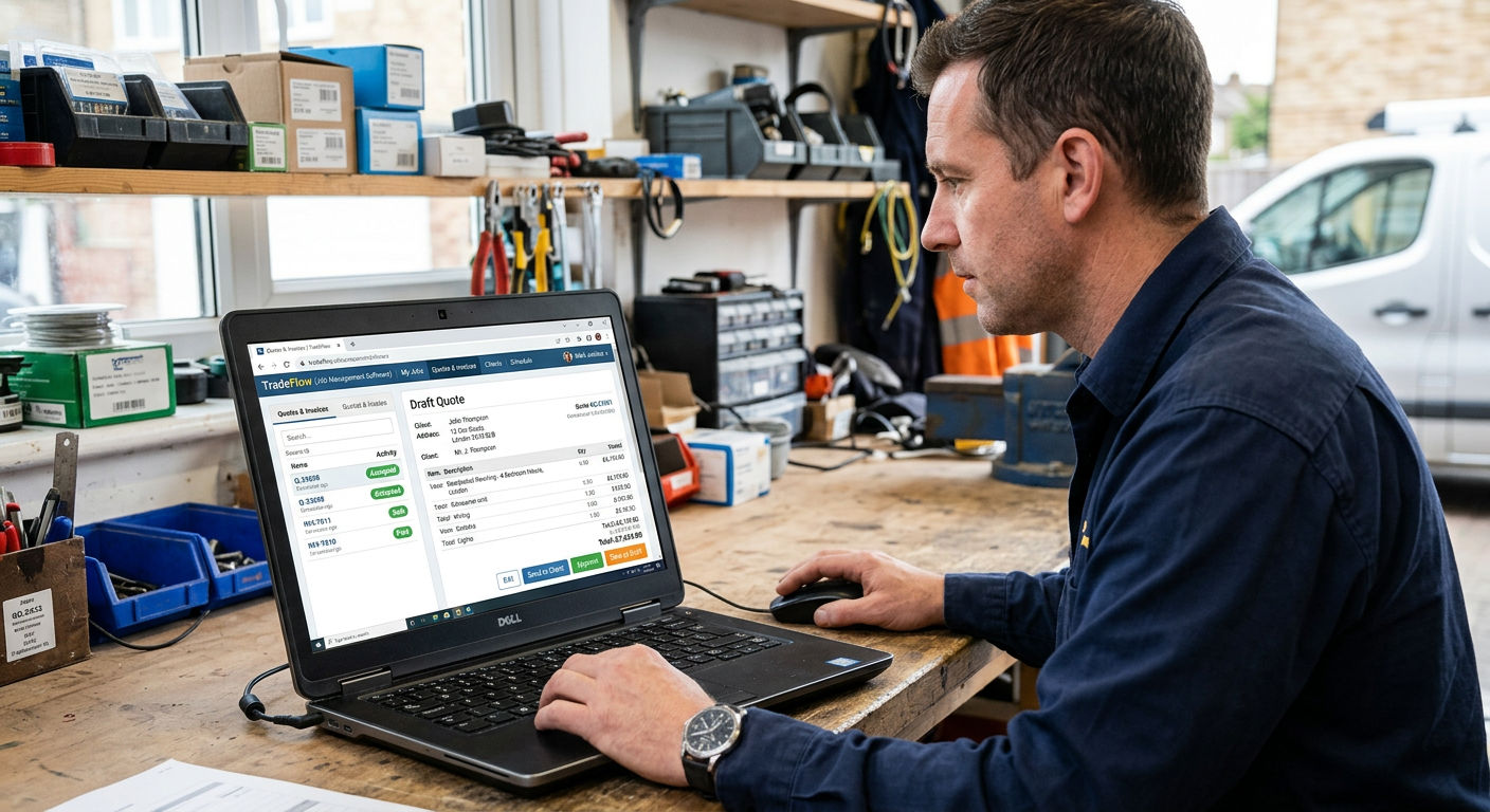 A screenshot of TradeFlow job management software, highlighting features for managing quotes and invoices.