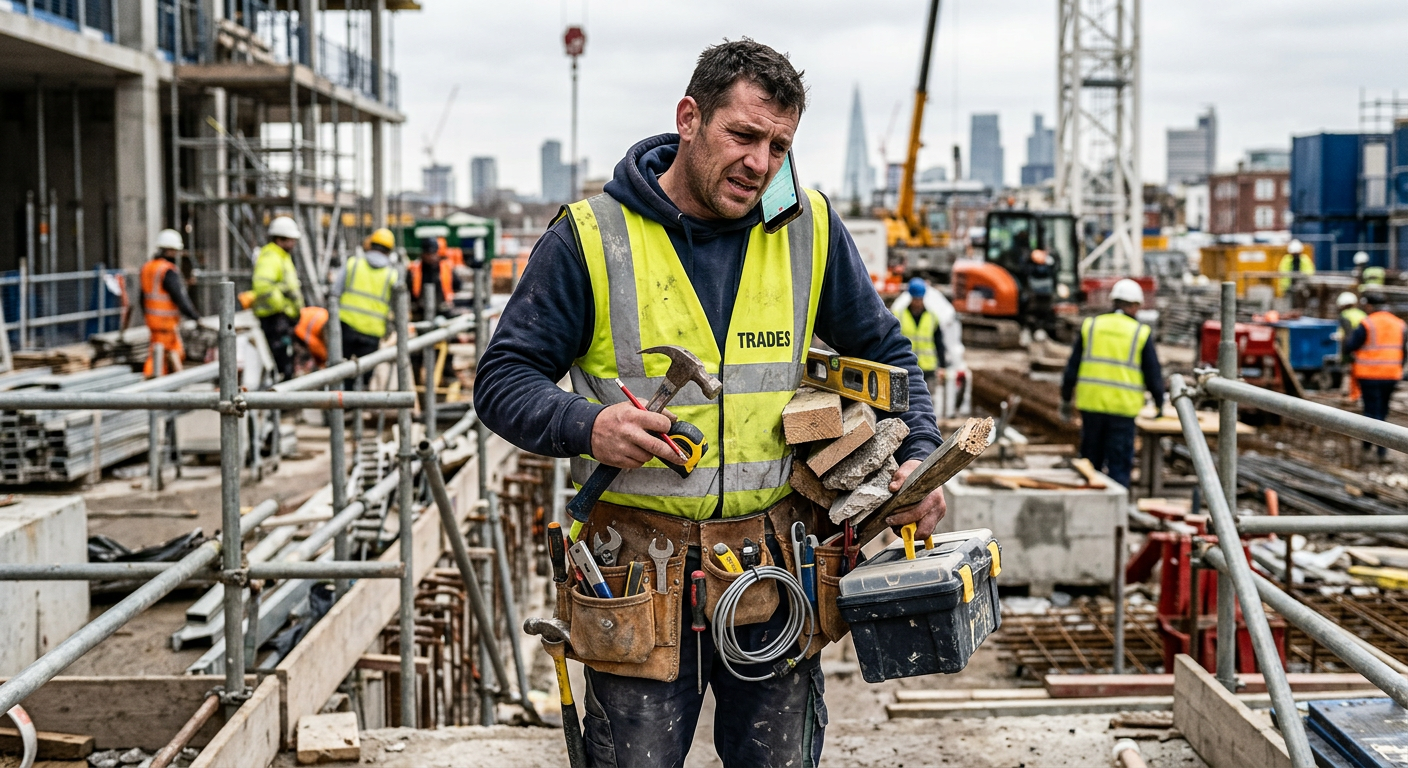 A tradesperson looking stressed while trying to juggle tools and answer their mobile phone on a busy building site.