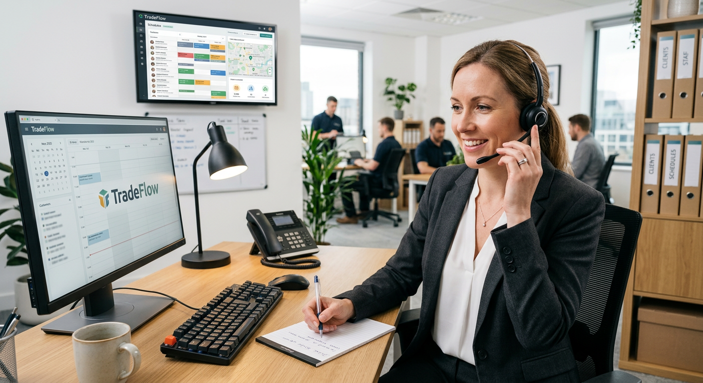 A clean, modern office setup showing a dedicated receptionist handling incoming calls for a trades business, with the Tr