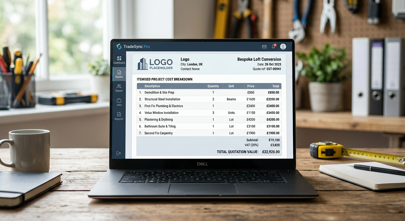 Screenshot of a quote software interface, highlighting key features like itemised lists, pricing, and company branding.