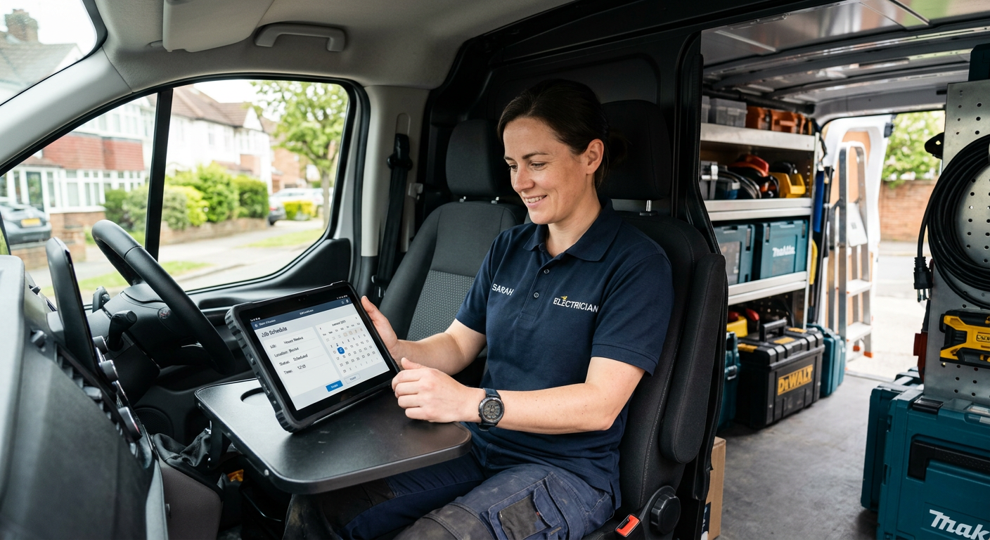 A modern office or van scene showing a tradesperson using a tablet or phone for job management, rela
