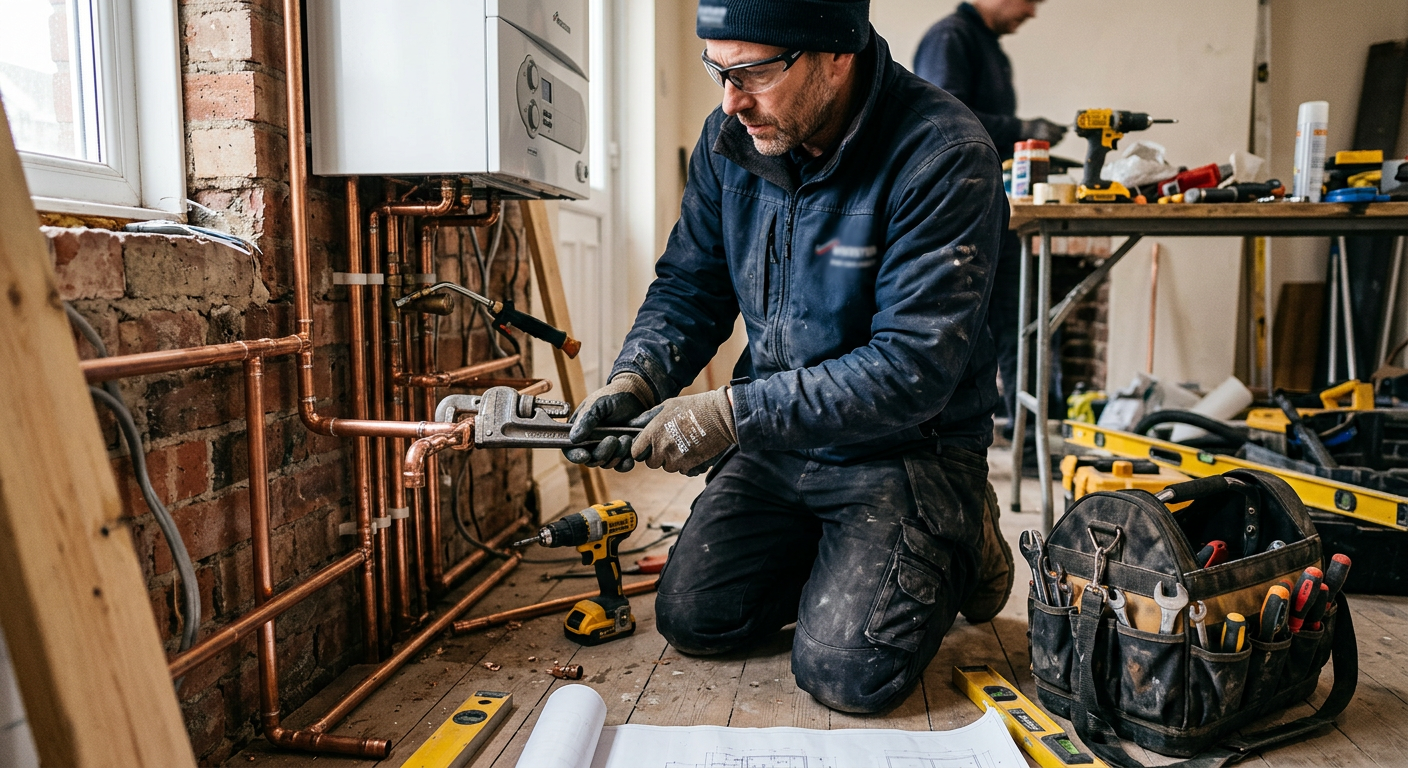 A UK tradesperson working on a job related to TradeFlow vs ServiceM8: Job Management Software Showd