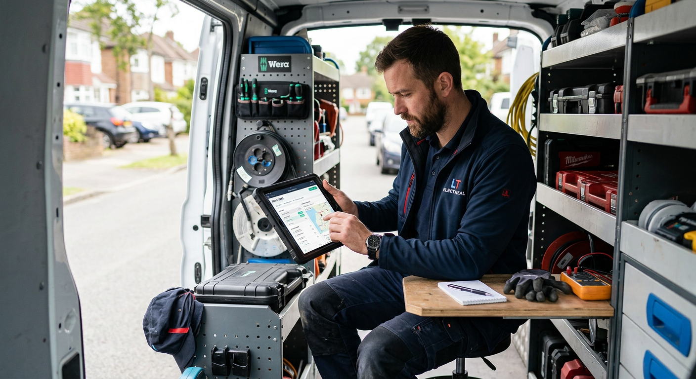 A modern office or van scene showing a tradesperson using a tablet or phone for job management, rela