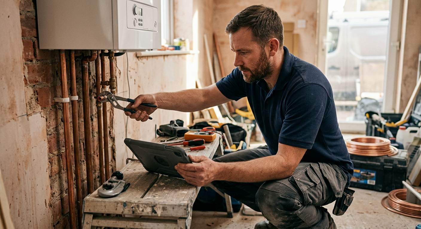 A UK tradesperson working on a job related to TradeFlow vs Tradify: Job Management Apps Compared.