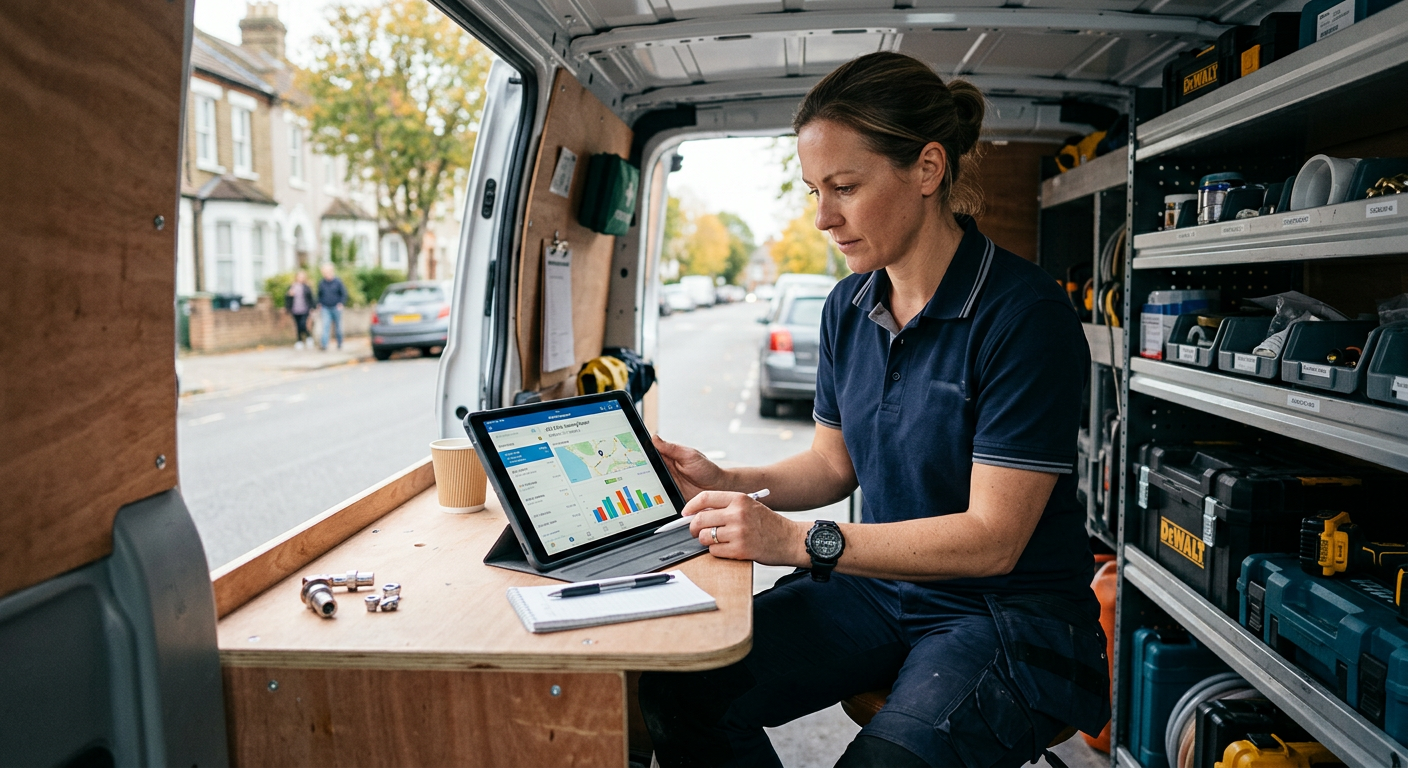 A modern office or van scene showing a tradesperson using a tablet or phone for job management, rela