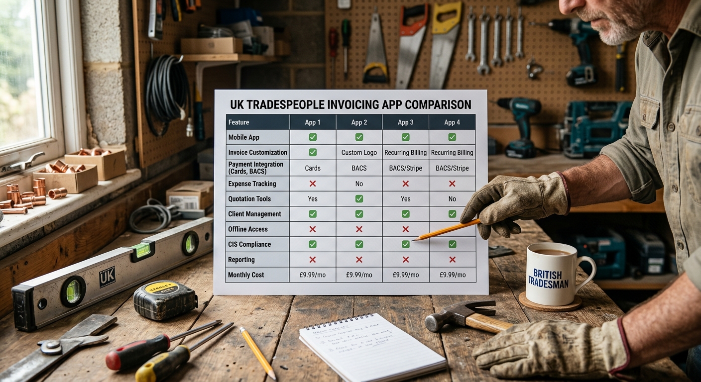 A comparison table showing features of different invoicing apps popular with UK tradespeople.
