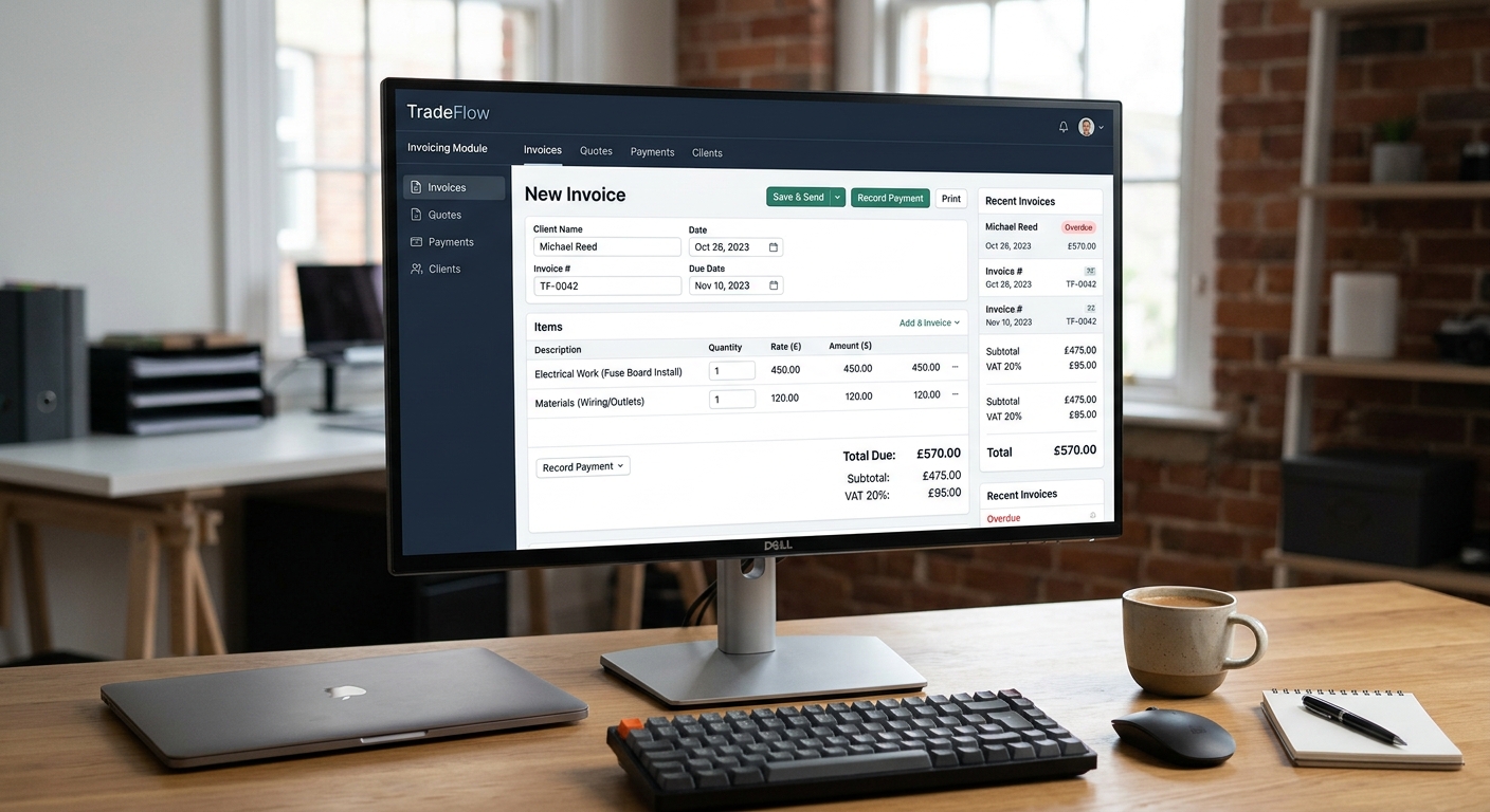 A screenshot of the TradeFlow invoicing module highlighting its key features for tradespeople.