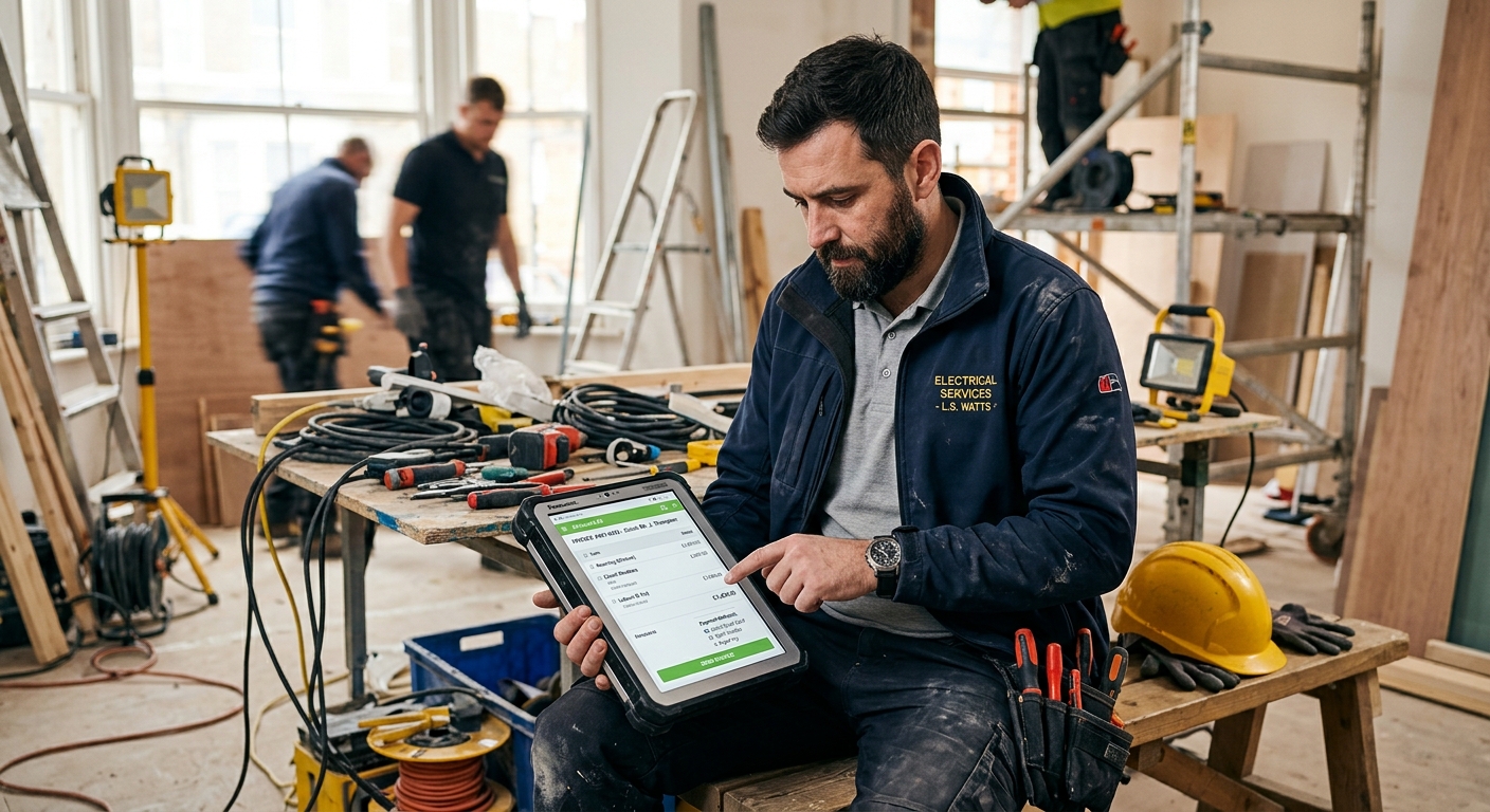 A tradesperson efficiently creating and sending an invoice with clear payment options using job management software on a
