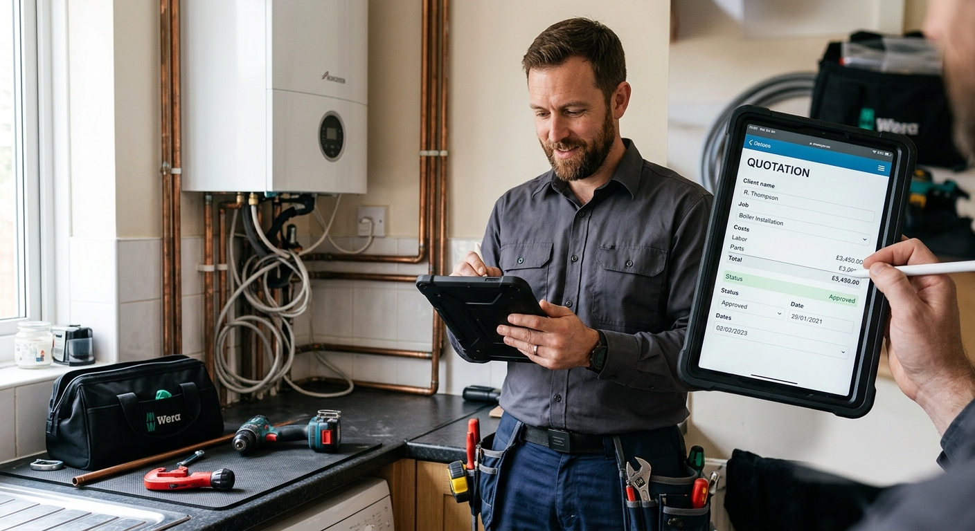 Tradesperson (plumber) using quote software on a tablet, looking confident and efficient.