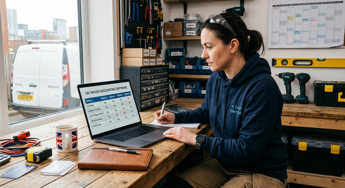 A tradesperson working on a tablet, reviewing financial data within their accounting software app, with a background of