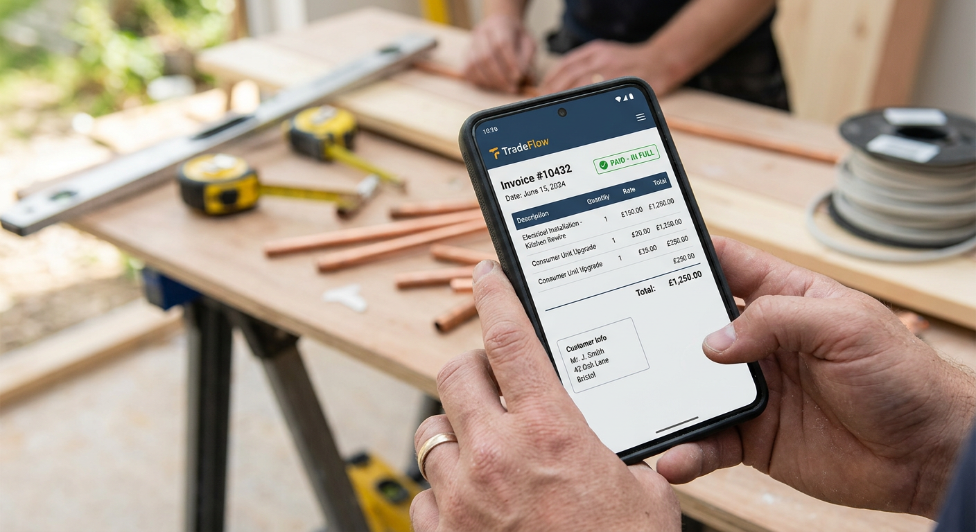 A tradesperson using a mobile invoicing app on a tablet at a job site.