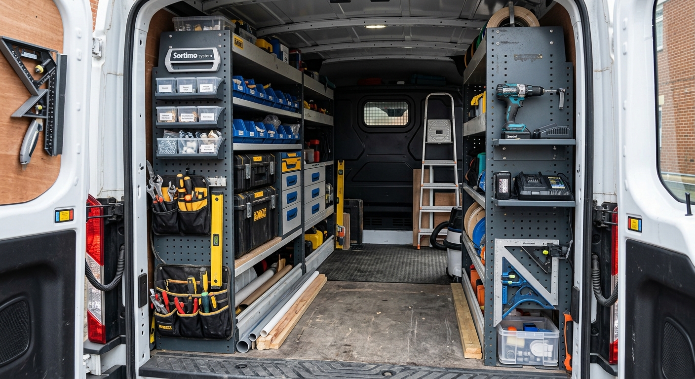 Interior of a well-organised tradespersons van, showing storage solutions for tools and materials.
