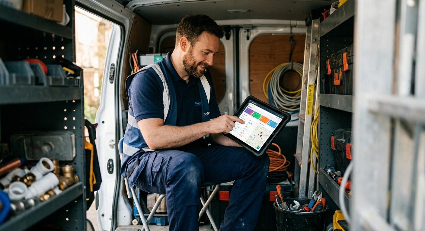 A tradesperson using TradeFlow job management software on a tablet inside their van.