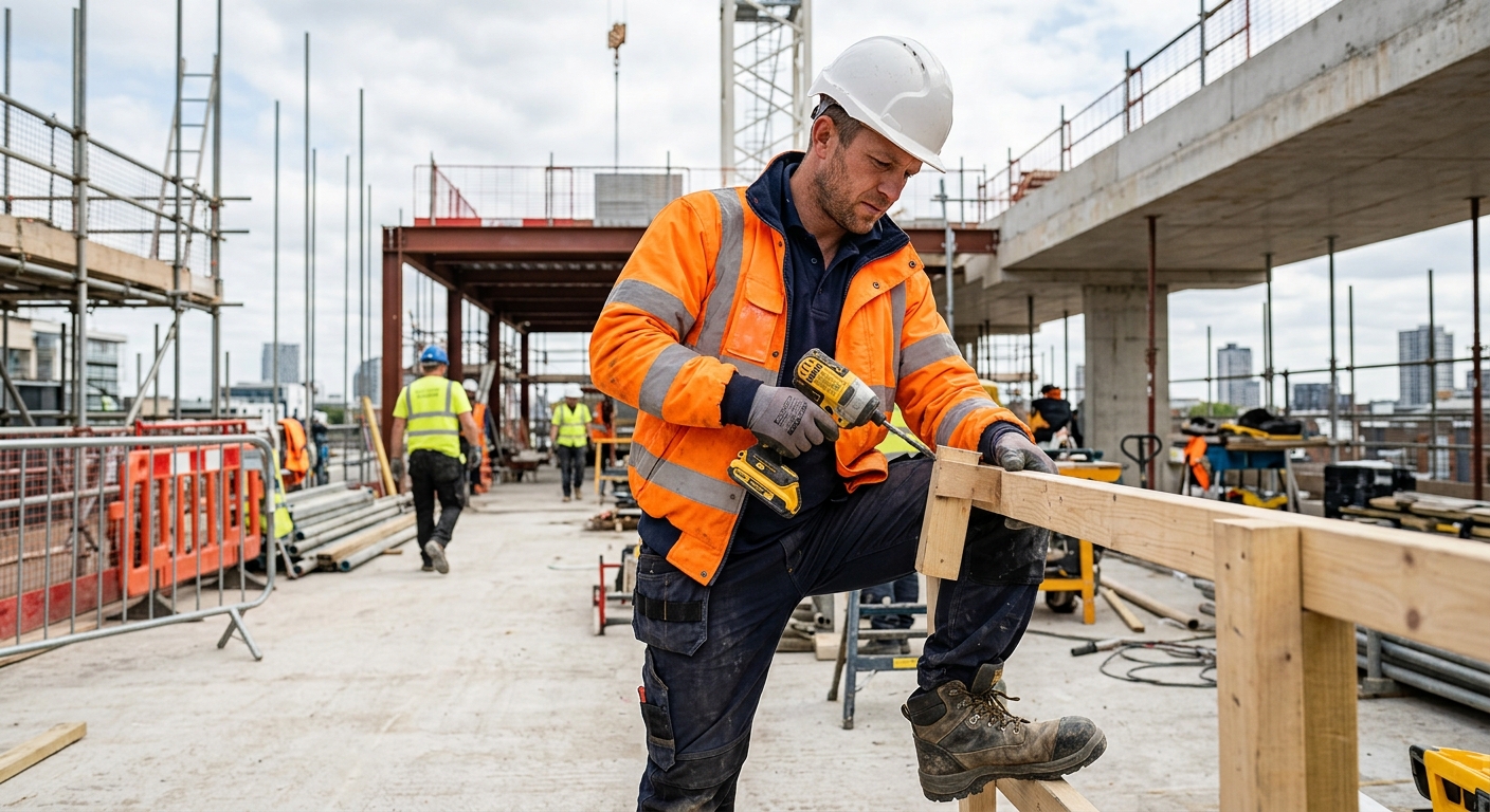 Tradesperson wearing appropriate workwear for a construction site. Focus on safety gear like a hard hat, high-vis jacket