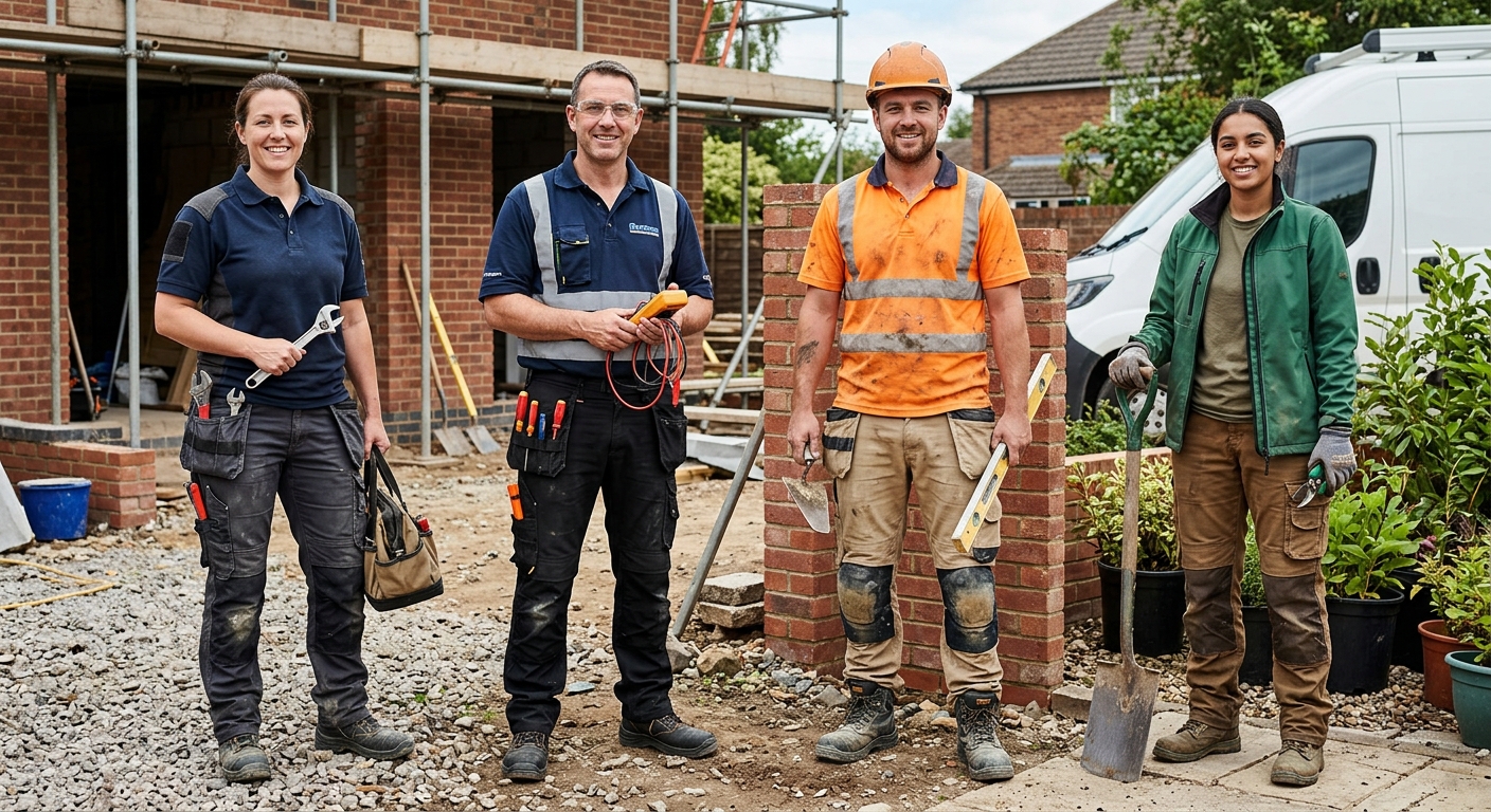 A comparison image showing different types of workwear for various trades: plumber, electrician, builder, gardener. Each