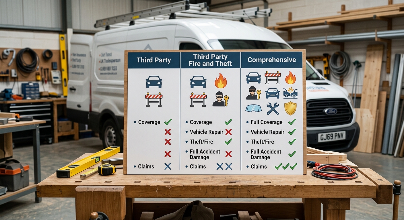 A graphic illustrating the various factors that influence the cost of van insurance for tradespeople in the UK (e.g., ag