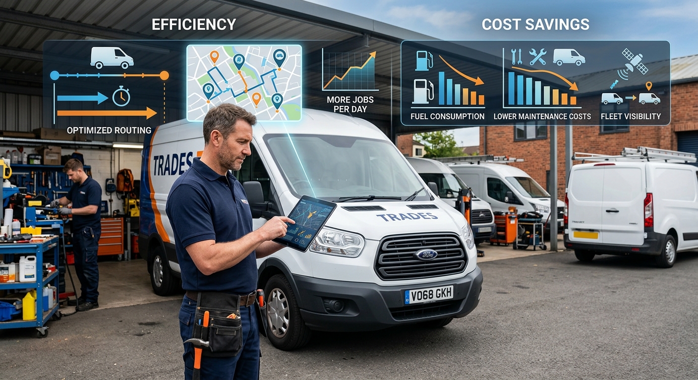 Infographic showing the key benefits of fleet management for tradespeople, with sections for cost savings, efficiency ga