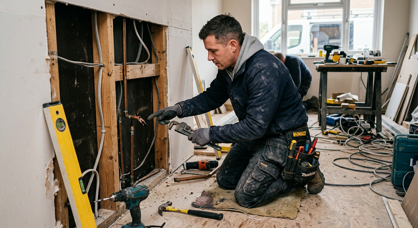 A UK tradesperson working on a job related to Tradespeople: Dealing with Unexpected Job Delays. Sh