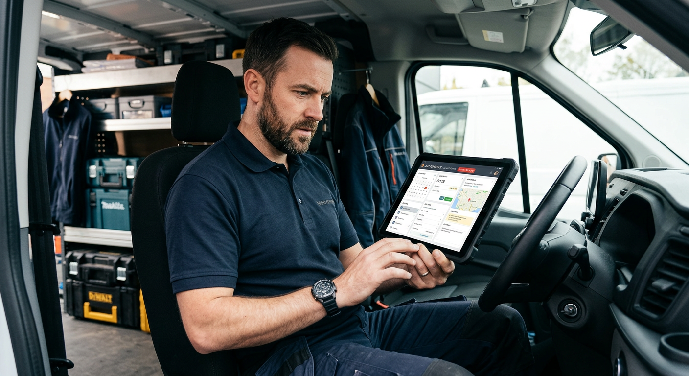 A modern office or van scene showing a tradesperson using a tablet or phone for job management, rela