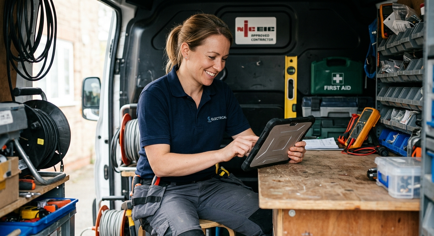 Tradesperson reviewing financial documents with a positive and confident expression
