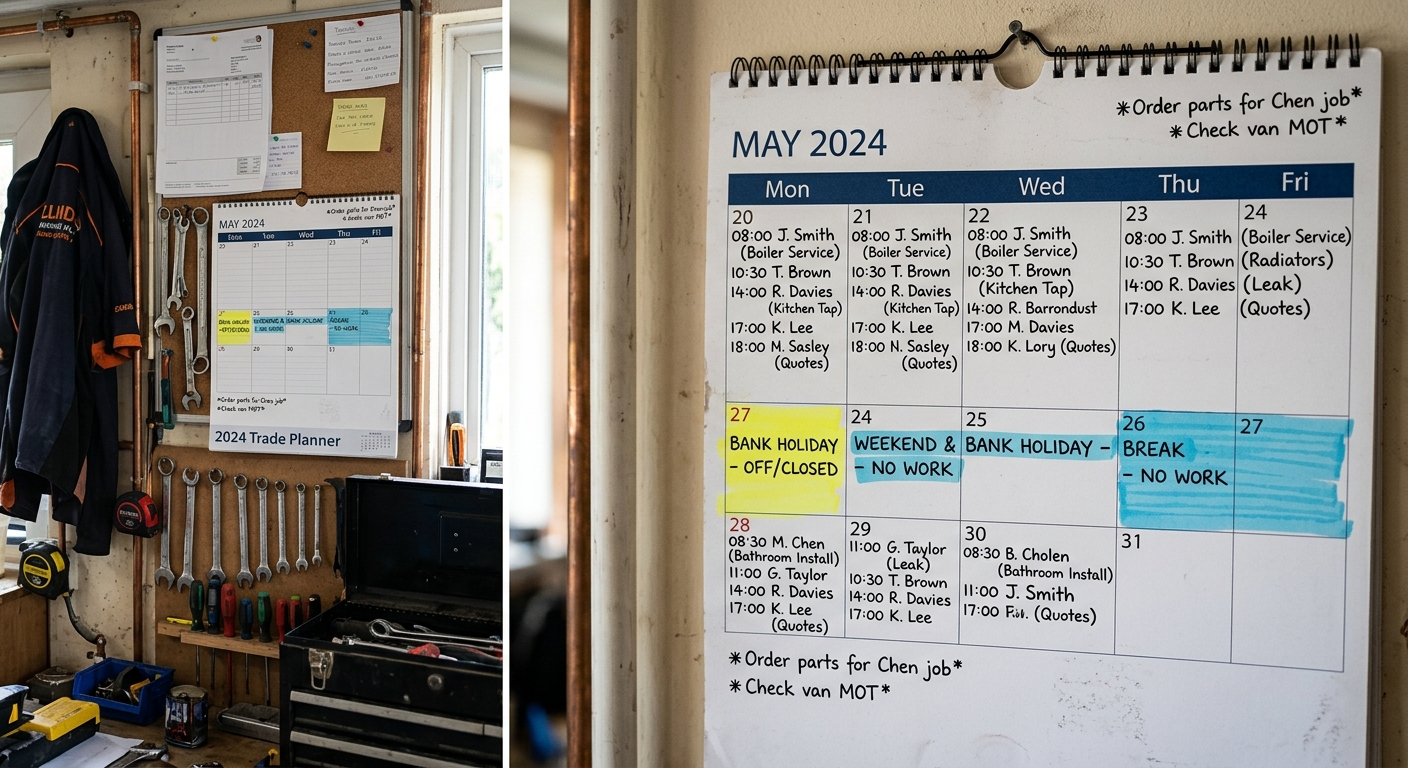 Calendar view showing a busy schedule around the late Spring Bank Holiday, highlighting periods of planned rest.