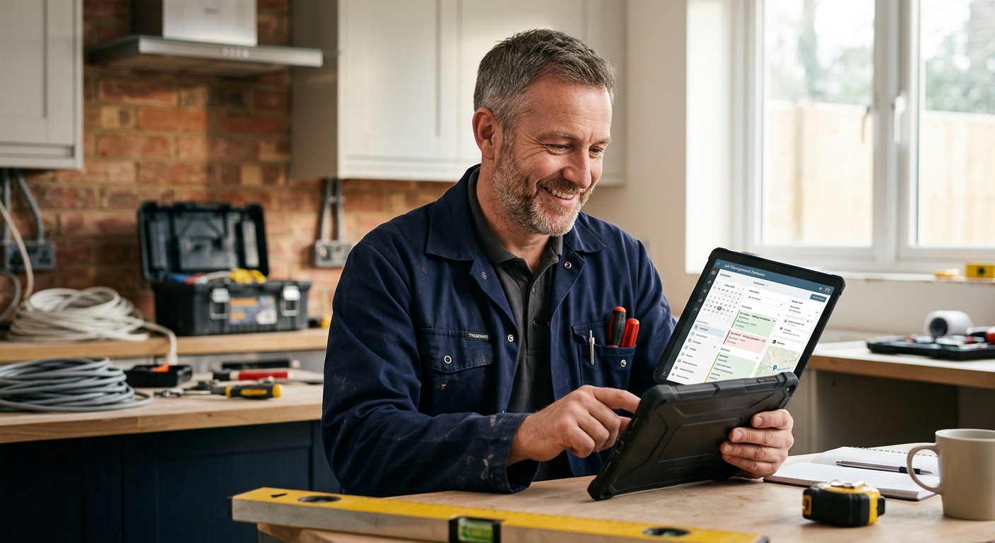 Tradesperson calmly using job management software on a tablet to efficiently schedule and manage jobs, with a relaxed ex