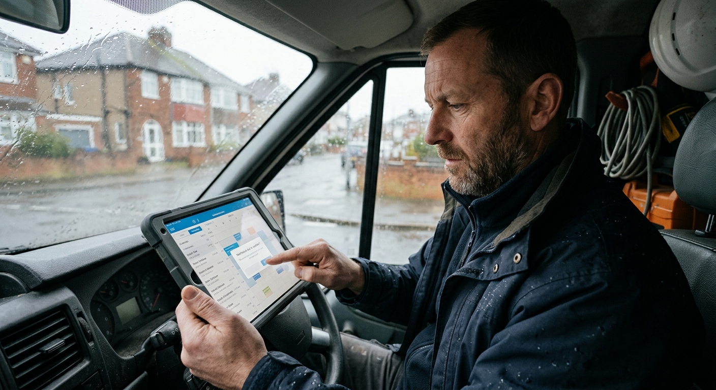 A tradesperson using job management software on a tablet to reschedule appointments due to weather.