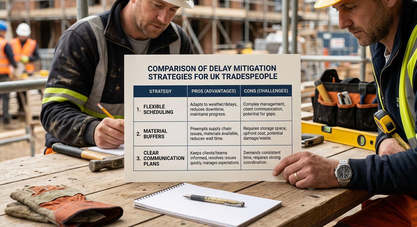 A comparison table showing the pros and cons of different delay mitigation strategies for tradespeople, such as flexible