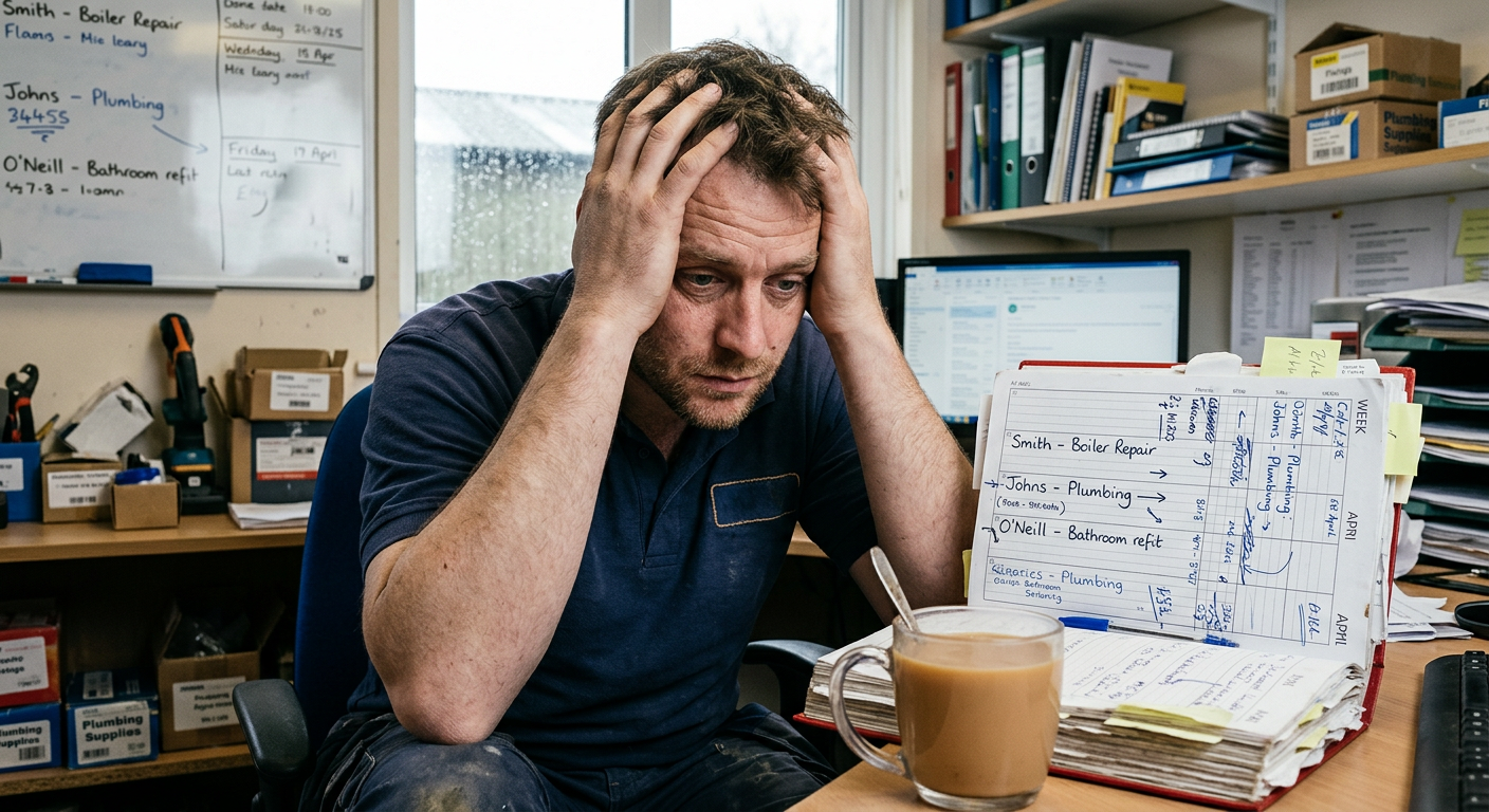 Tradesperson using a mobile app (like TradeFlow) to efficiently manage their work schedule, demonstrating a solution to