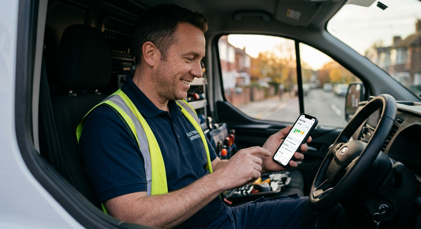 Tradesperson looking rested and smiling, enjoying their time off, indicating the benefits of proper overtime management