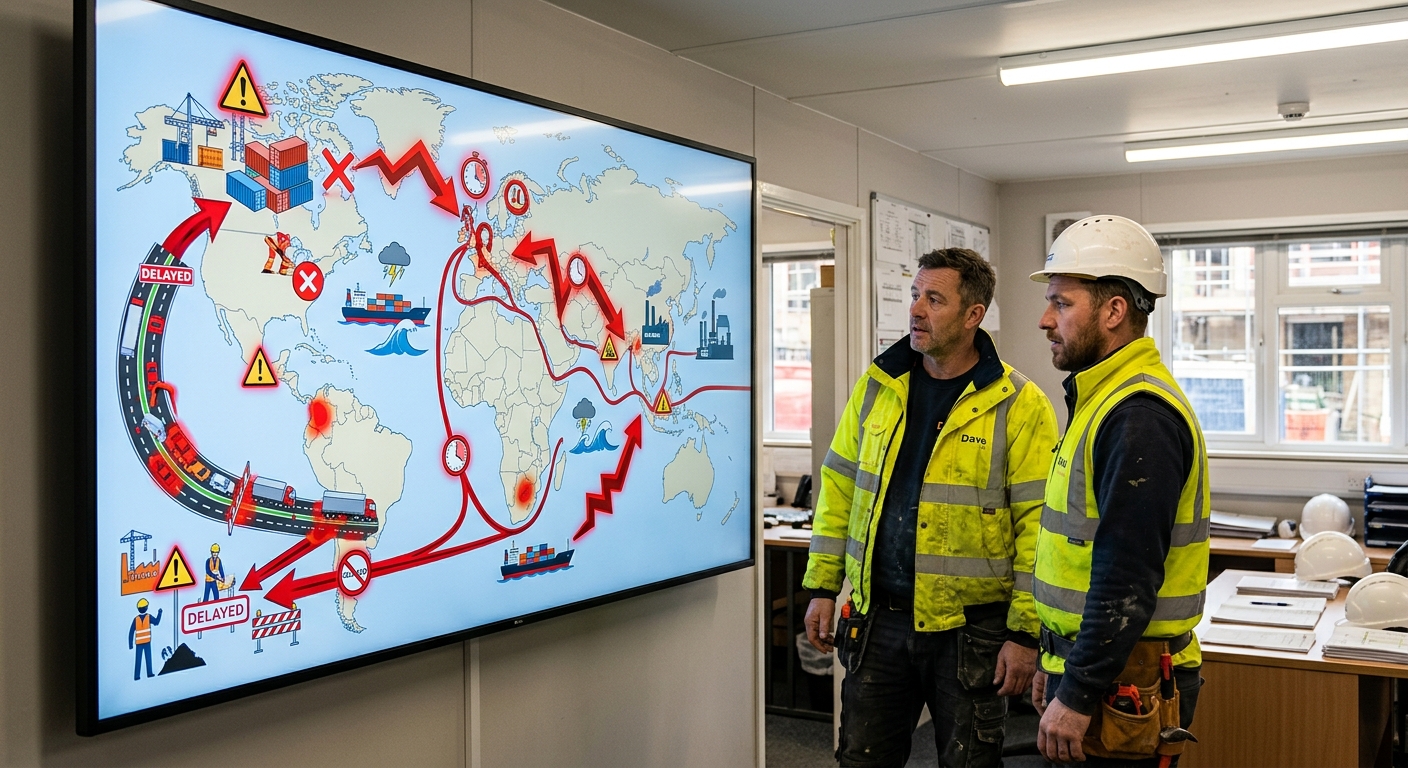 Tradesperson using a job management app to track material orders and delivery dates.