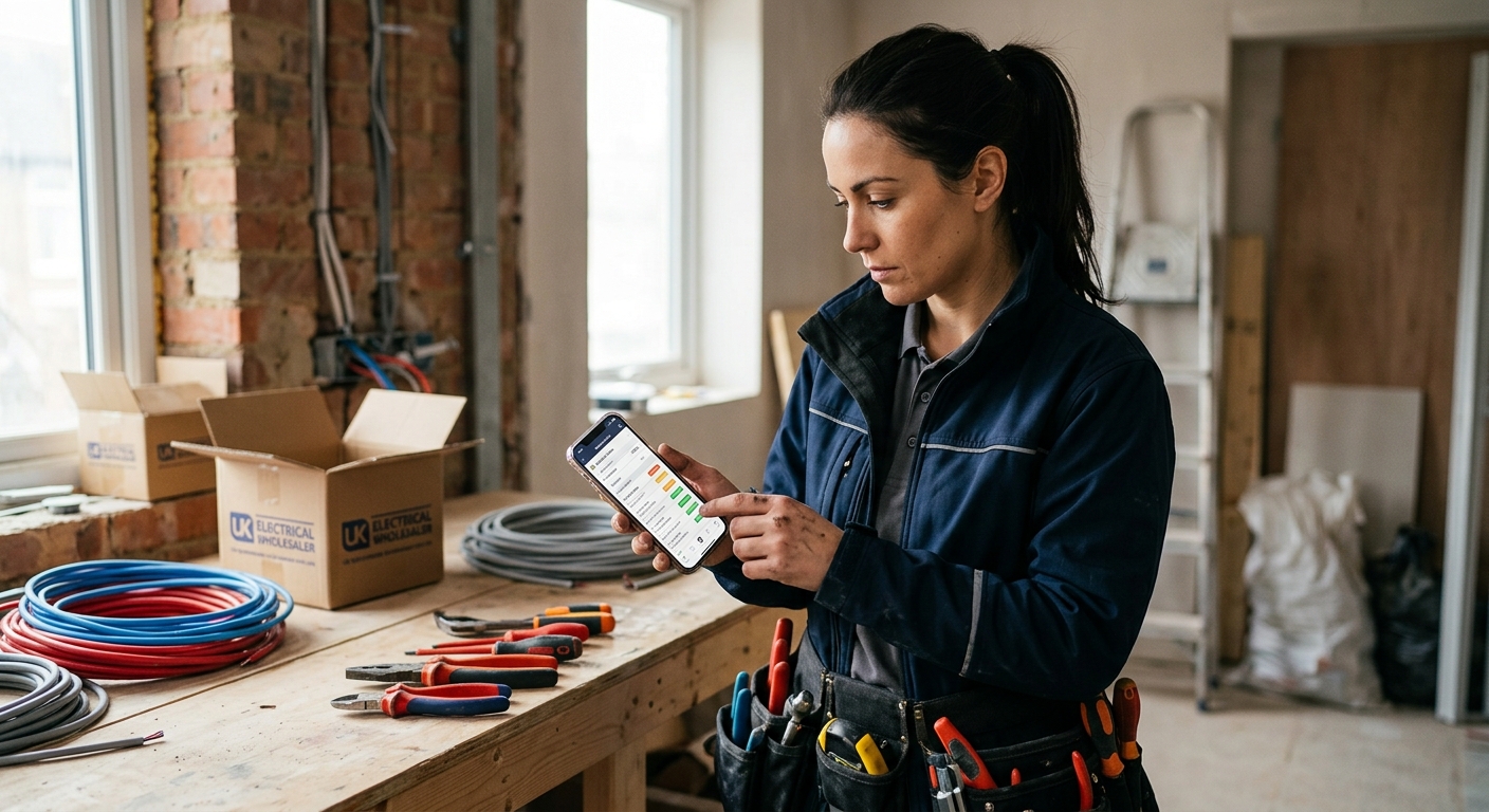Tradesperson explaining material options to a client using a tablet.