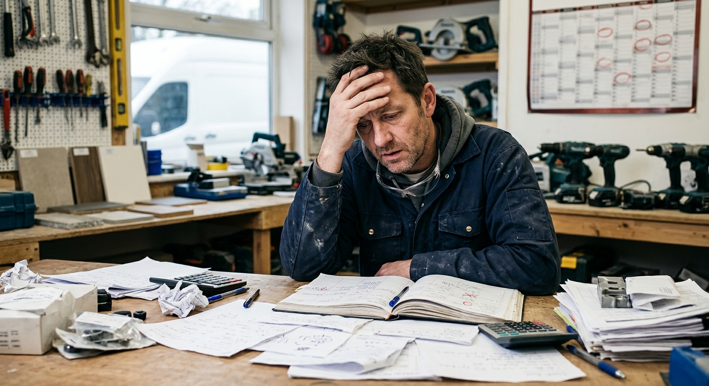 Tradesperson looking stressed at a chaotic paper schedule, overwhelmed by bookings.