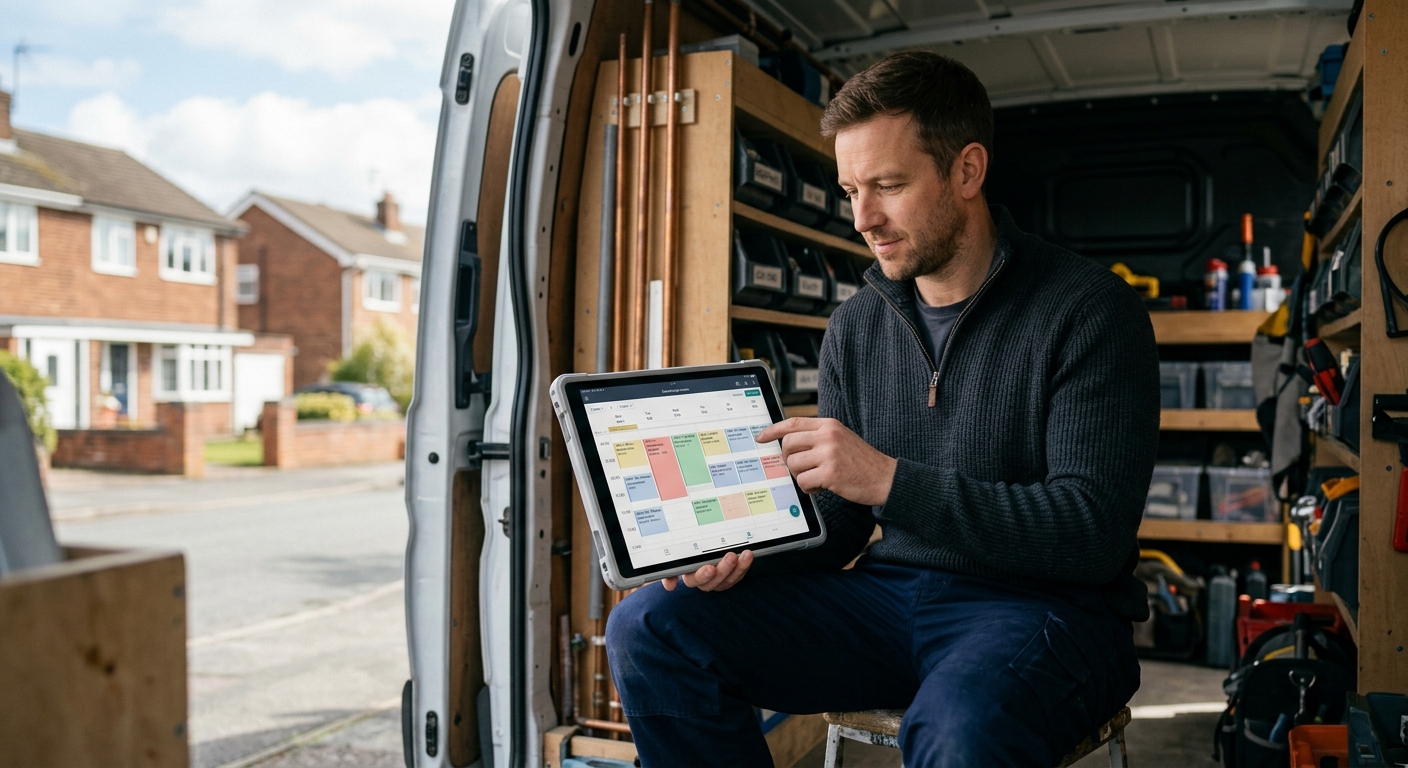 A calm tradesperson efficiently using a digital scheduling app on a tablet, showing organised bookings.