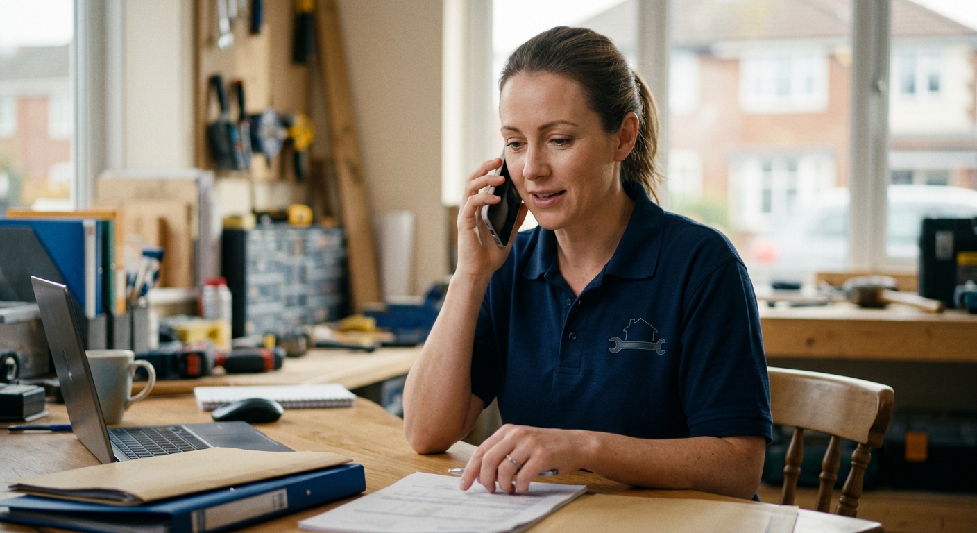 Tradesperson politely explaining a cancellation policy to a customer on the phone, maintaining a professional demeanour.