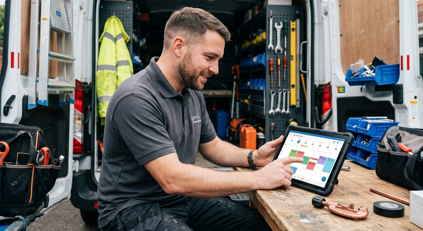 A tradesperson using a job management app on a tablet to reschedule appointments, with a calendar view visible.