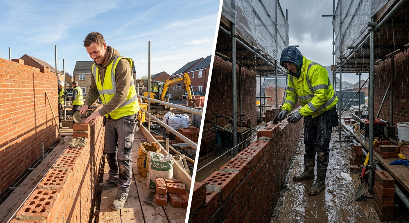 A split image showing a sunny job site vs. a rain-soaked job site, illustrating the difference weather makes.