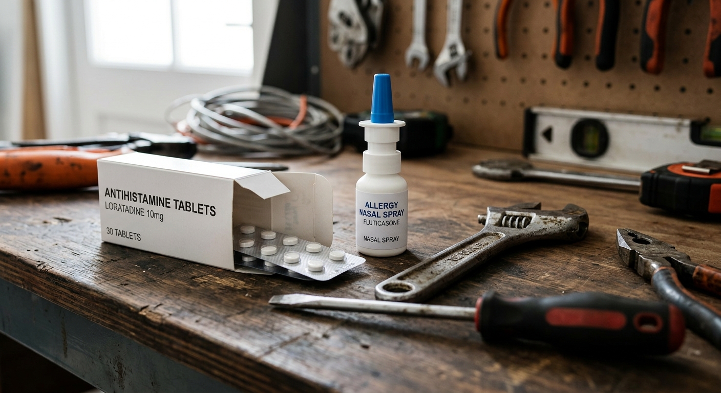 Close-up shot of allergy medication (antihistamine tablets and nasal spray) alongside tools of the trade (e.g., wrench,