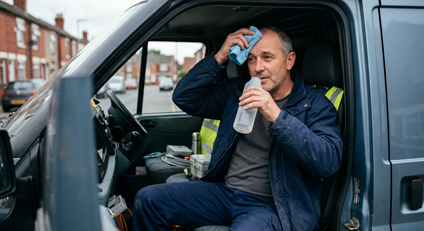 Tradesperson taking a break, drinking water, and wiping their face with a clean cloth while sitting in their van.